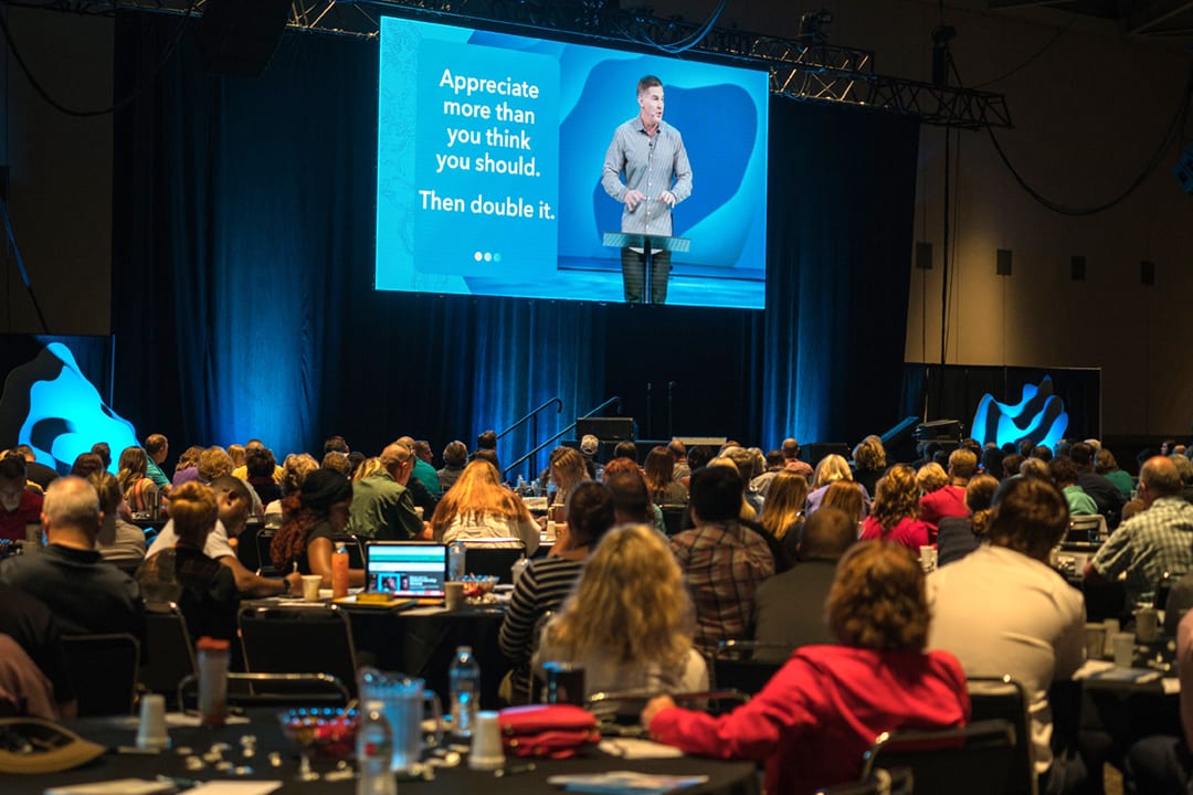 The audience listens to Craig Groechel talk at the 2018 Global Leadership Summit.